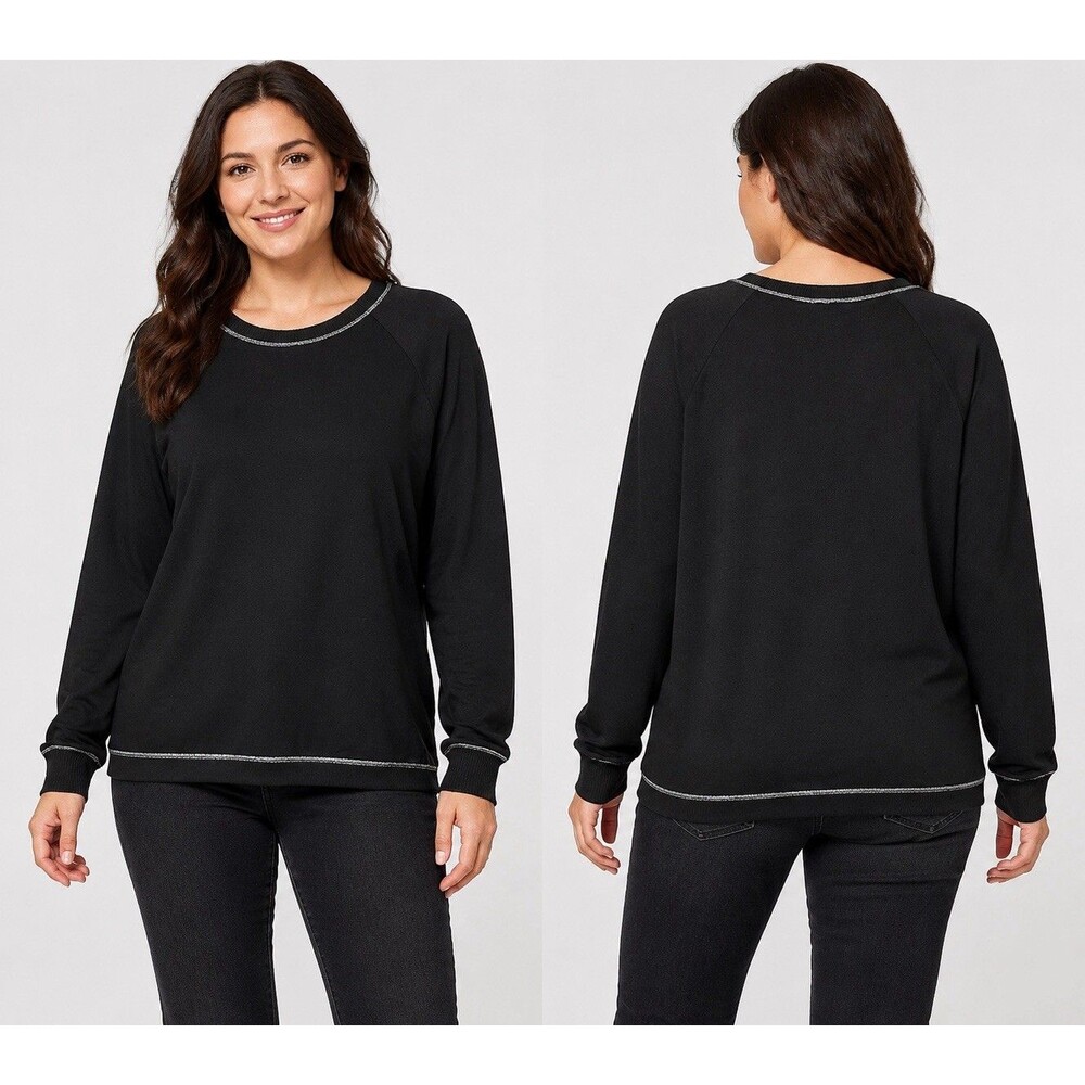 Joyspun Women’s XL Black Pullover Sweater Silver Trim Raglan Sleeve 16-18